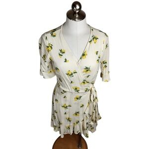 Elodie Wrap Dress Women Medium Cream Lemon Print Ruffle Hem Short Sleeve‎